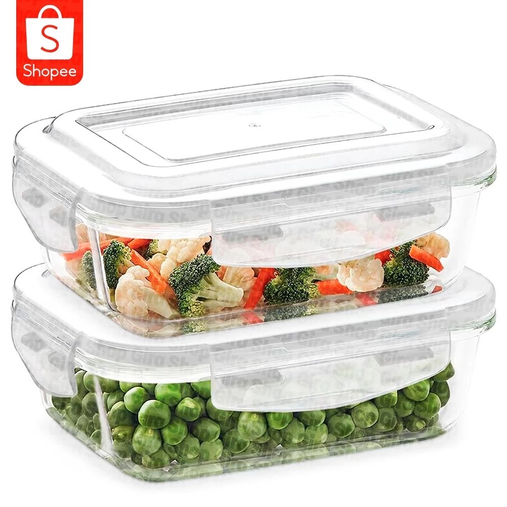 Kit 2 Potes de Vidro Retangular 640ml Tampa Hermética Marmita Vai ao Forno e Freezer Organ...
