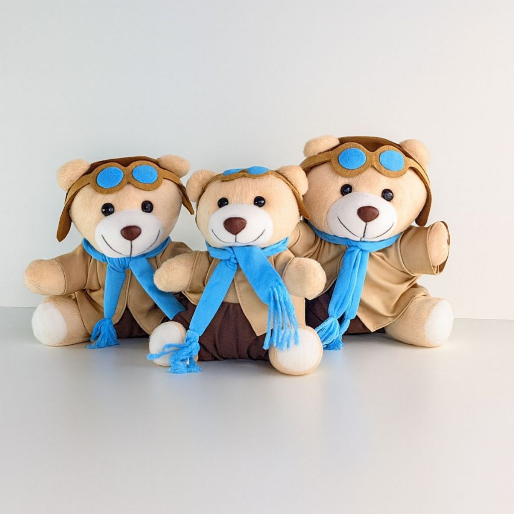 Trio De Ursinhos De Pelúcia Para Menina E Menino- Trio Ursinho Aviador Azul Bebê