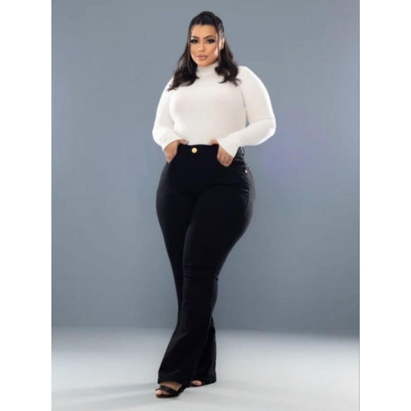 calça flare preta Plus size feminina jeans com laycra wissam jeans