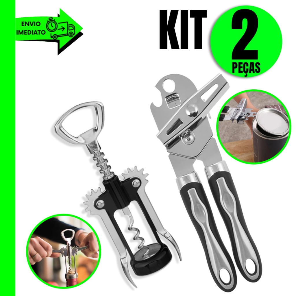 Jogo 2 Peças para Cozinha – Abridor de Latas + Saca Rolha Prático e Resistente em Oferta na Shopee