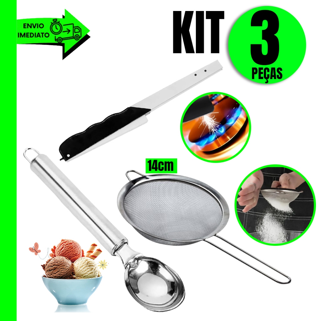 Kit 3 Peças Pegador de Sorvete + Peneira 14cm Aço Inox + Acendedor de Fogão Para sua Cozinha