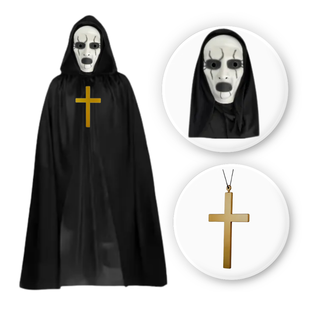 Kit Fantasia Freira Do Mal Máscara Crucifixo Capa Halloween