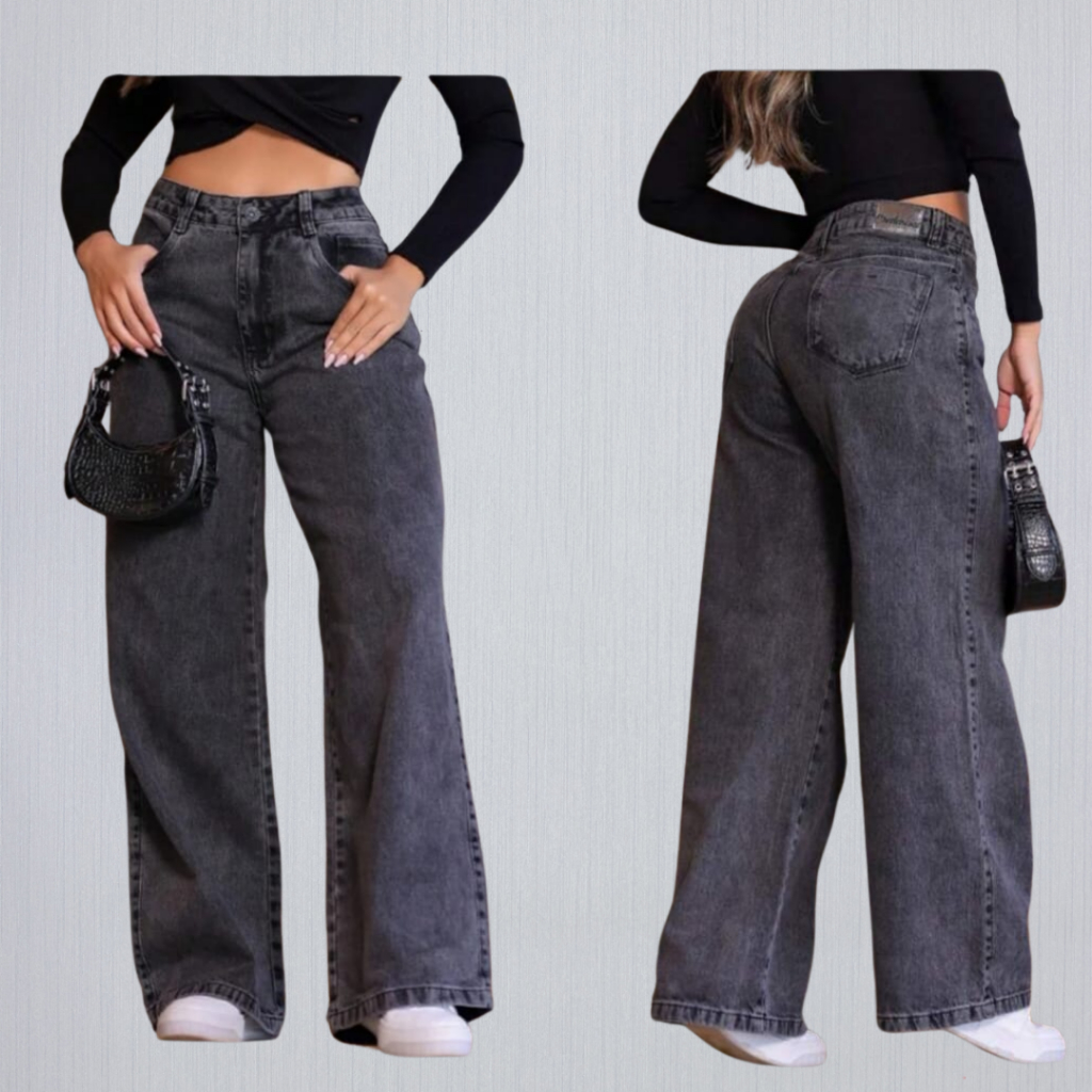 Calça Wide Leg Jeans Marmorizada Calça 100% Algodão Pantalona Cintura Alta Feminina Premium Sem Lycra boca larga Tecido