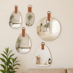 Espelho Lapidado Decorativo de Parede com Alça de Couro Circular, Orgânico Sala Quarto Banheiro
