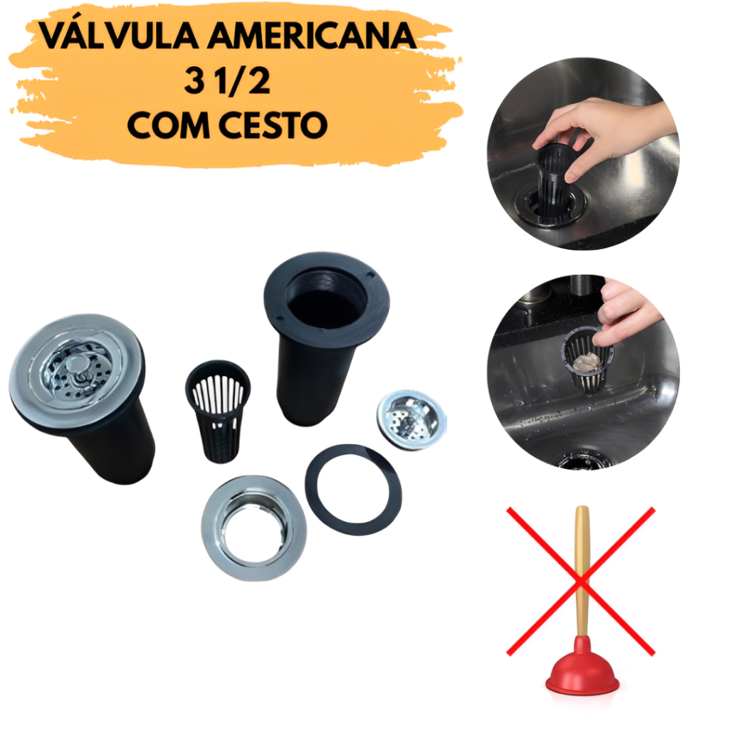 Válvula Pia Cozinha Americana 3 1/2 com Cesto Removível Anti Entupimento Cromado