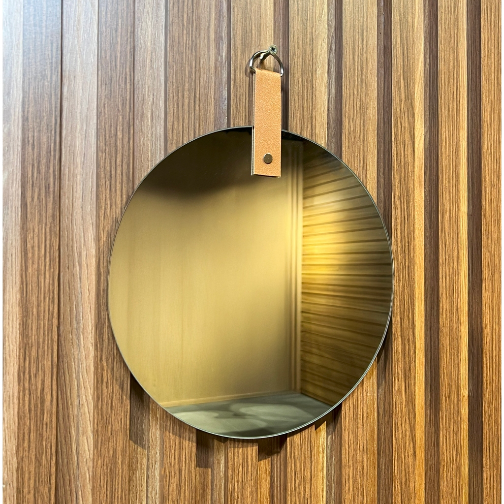 Espelho Lapidado Decorativo de Parede com Alça de Couro Circular, Orgânico Sala Quarto Banheiro · foto 2