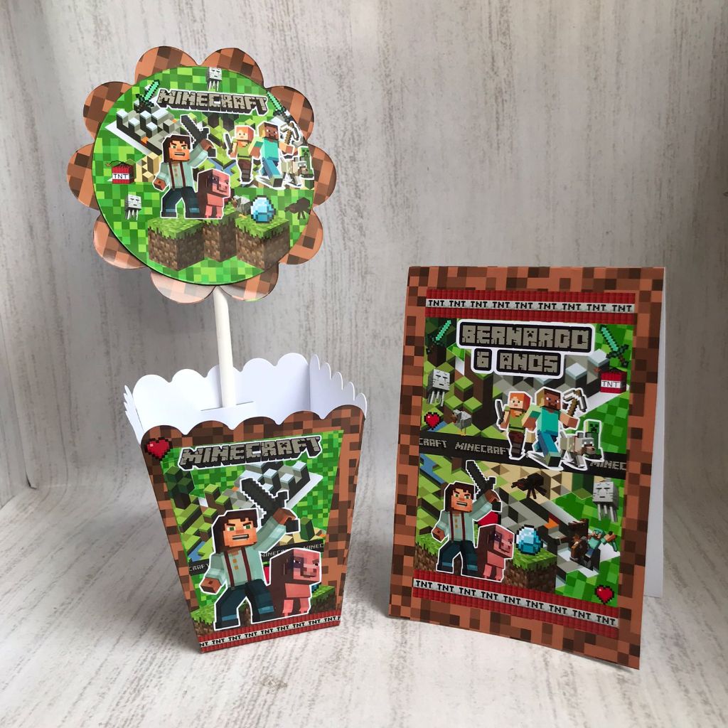 Kit Centro de mesa Minecraft Game Personalizado Personalizado com Nome | Cachepot Festa Infantil Aniversário Chá