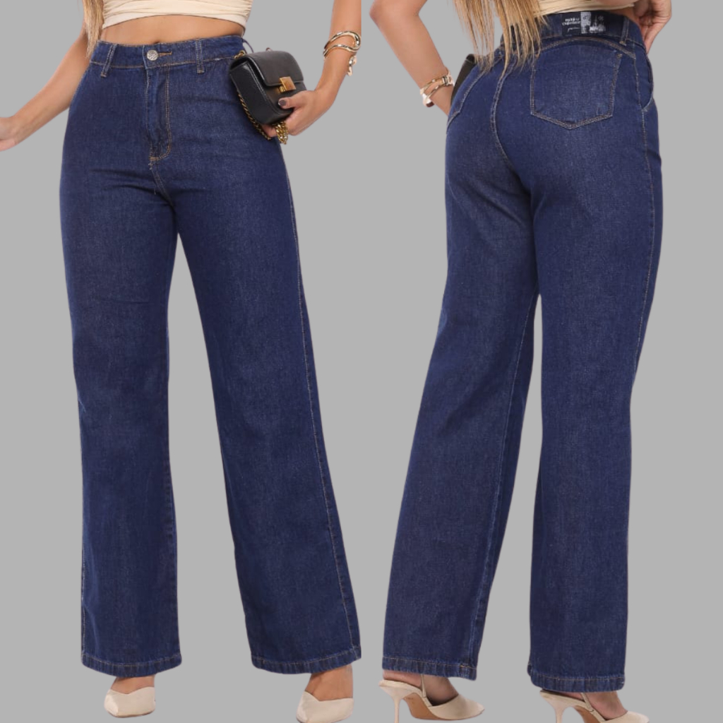 Calça Wide Leg Jeans Feminina Cintura Alta Pantalona 100% Algodão Premium Empina Bumbum Bolso Faca