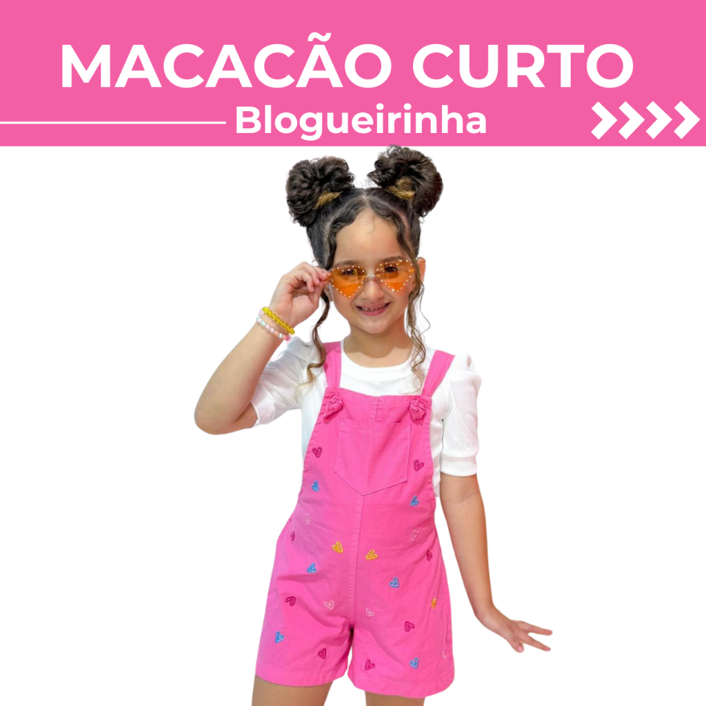 Roupa Infantil Feminina Conjunto Moda Infantil Macaquito Macacão Curto Blogueirinha Macaquinho Sarja Corações Blusinha