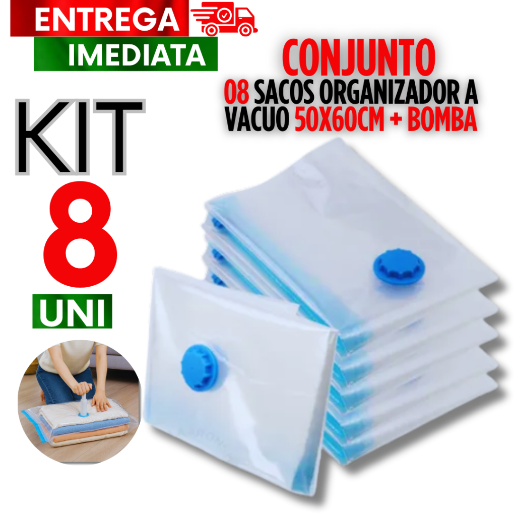 Kit com 08 Sacos a Vácuo 50x60 Zíper Embalar Organizador Para Guarda Roupas etc + Bomba Durabilidade