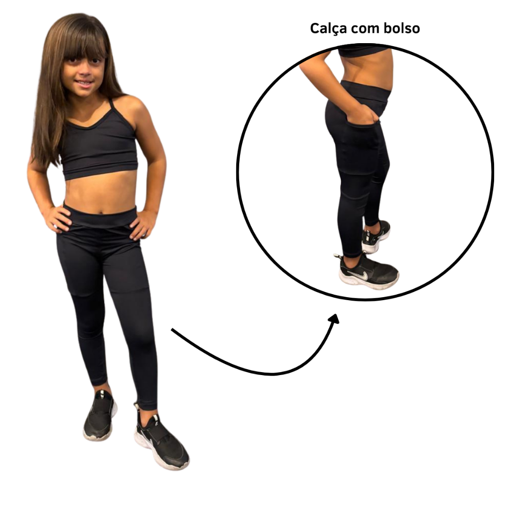 Conjunto Fitness Infantil Feminino Top E Calça com Bolso Poliamida Ginastica Cross Academia dança jazz