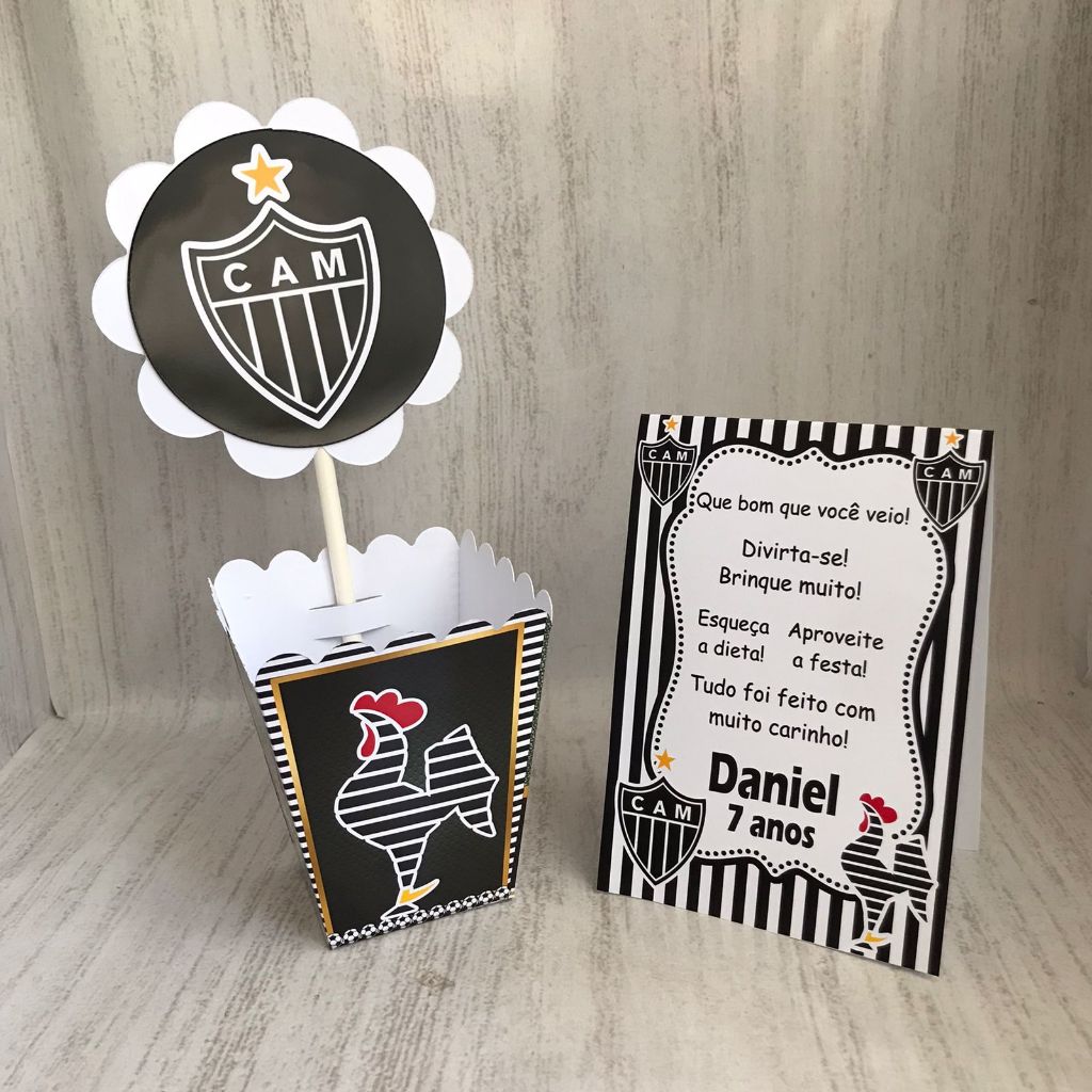 Kit Centro de mesa Atlético Mineiro GALO Personalizado com Nome | Cachepot Festa Infantil Aniversário Chá