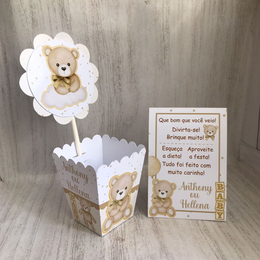 Kit Centro de mesa Chá Revelação Ursinho Bege Personalizado com Nome | Cachepot Festa Infantil Aniversário Decoração