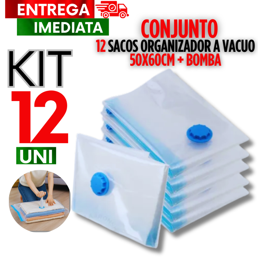 Combo com 12 Sacos a Vácuo 50x60 Zíper Embalar Organizador Para Guarda Roupas etc + Bomba Qualidade