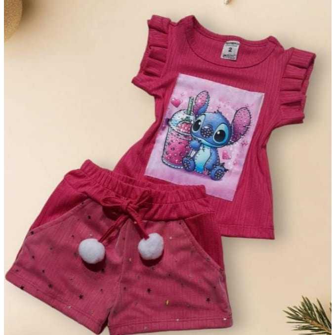 conjunto estich moda 2026short con tule e pompom  manga babado em Oferta na Shopee