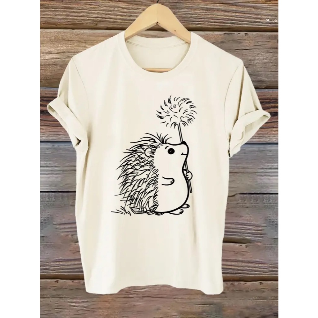 Camiseta Feminina Allseason Wear Estampa Ouriço Fofo Manga Curta Gola Redonda para Verão Primavera