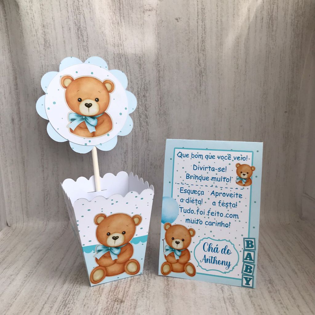 Kit Centro de mesa Ursinho Azul Chá de bebê |Personalizado com Nome | Cachepot Festa Infantil Aniversário Chá