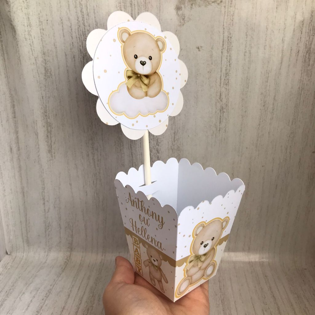 Centros de mesa Chá Revelação Ursinho nude Personalizado com Nome | Cachepot Festa Infantil Chá Aniversário Decoração