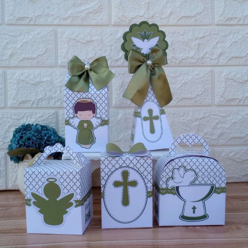 PEGUE E MONTE Kit Festa Personalizados BATIZADO VERDE OLIVA Lembrancinhas Caixinhas CRISMA EUCARISTIA