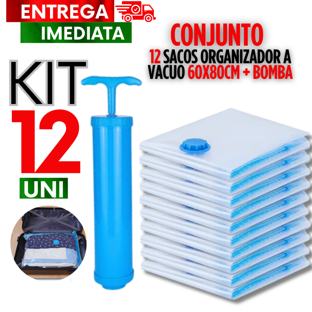 Conjunto com 12 Sacos a Vácuo 60X80 Zíper Embalar Organizador Para Guarda Roupas  + Bomba Qualidade