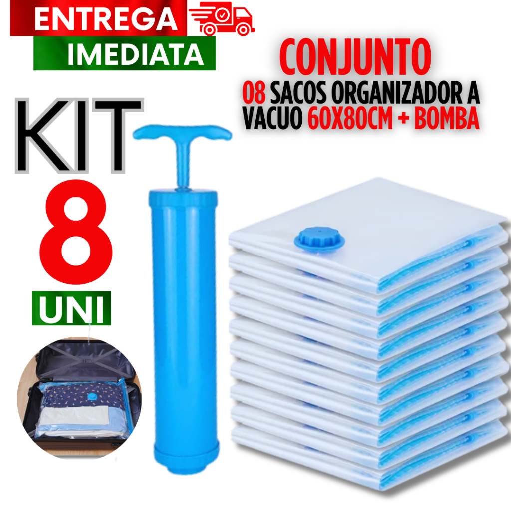 Combo Especial com 08 Sacos a Vácuo 60X80 Zíper Embalar Organizador Para Guarda Roupas etc. + Bomba