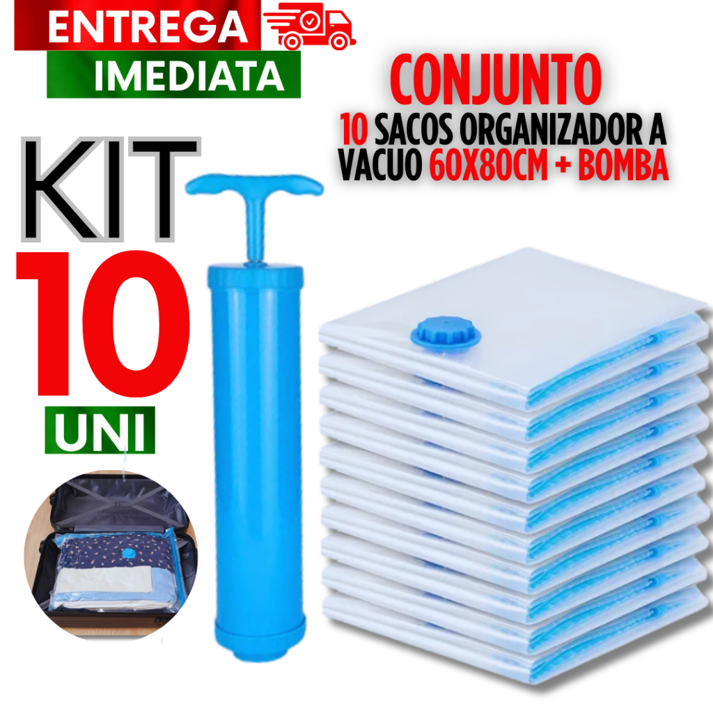 Kit com 10 Sacos a Vácuo 60X80 Zíper Embalar Organizador Para Guarda Roupas + Bomba de Qualidade