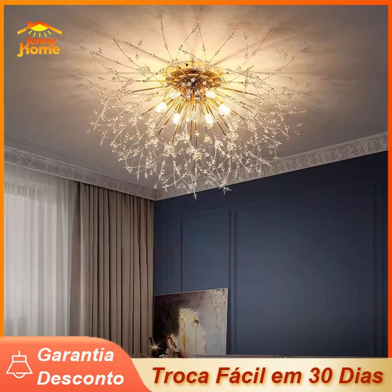 Lustre Pendente Cristal Dente De Leão Luxo Dourado 50cm +6 G9 lâmpada Luminária de Teto de sala e jantar quarto de estar