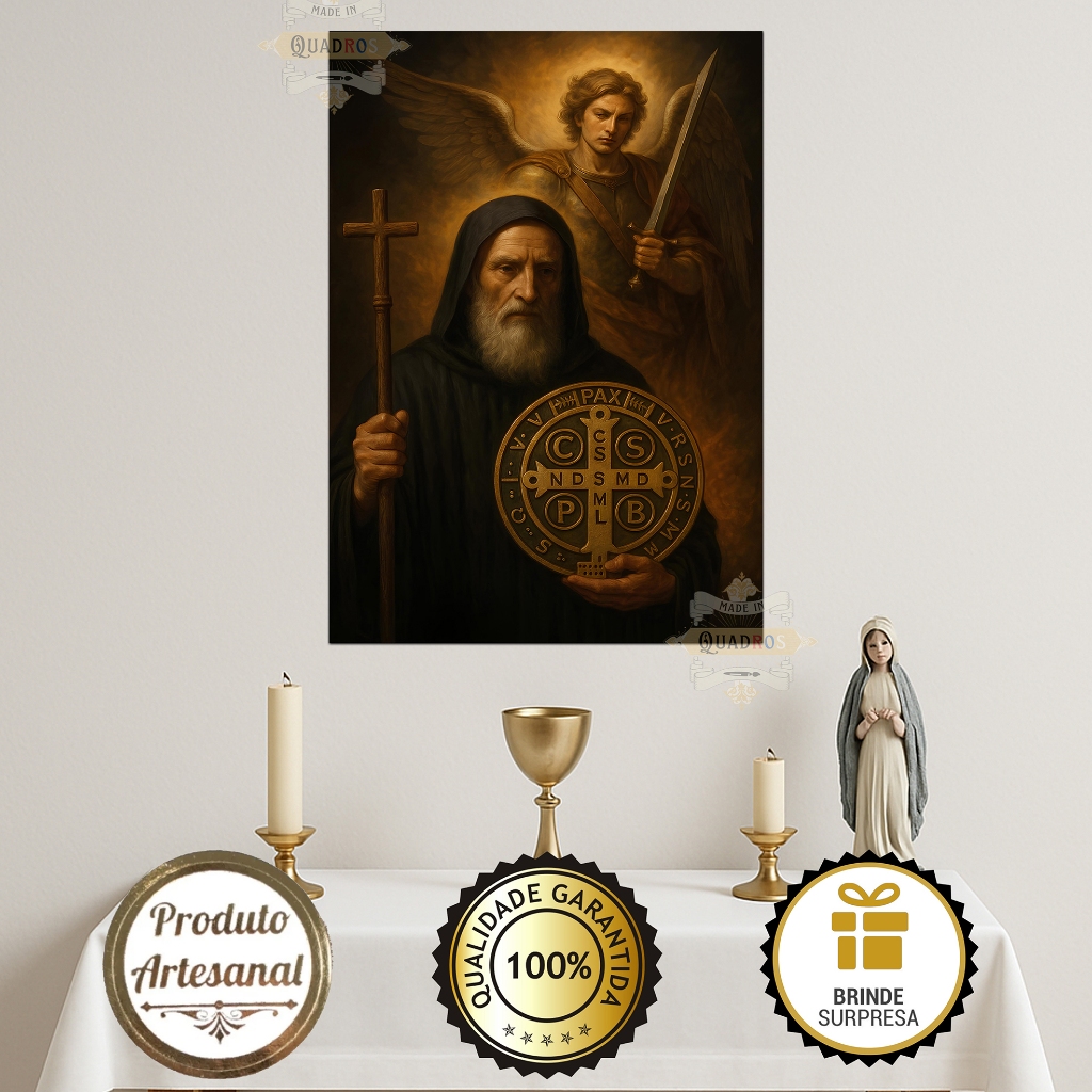 Quadro São Bento e São Miguel Arcanjo, Decoração Para Altar Católico Cristão Cores Vivas e Vibrantes