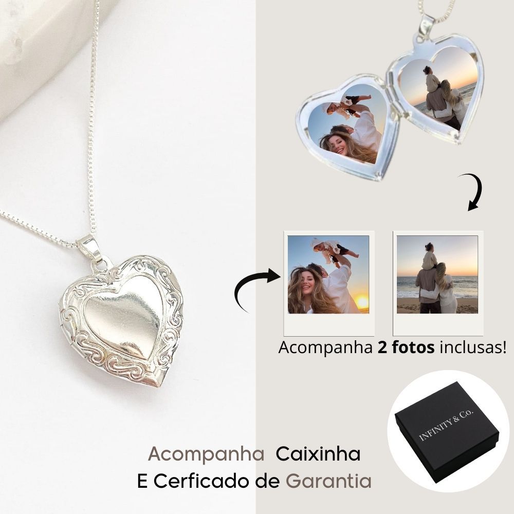 Relicário Coração Banhado Folheado Prata 925 pingente com Foto com Corrente 45cm Feminino - Presente mais que especial em Oferta na Shopee