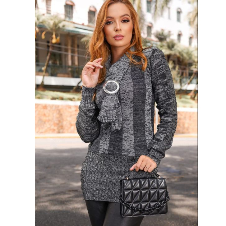 🧥 Blusa de Tricô Feminina com Gola de Cachecol e Detalhe Moderno 🖤