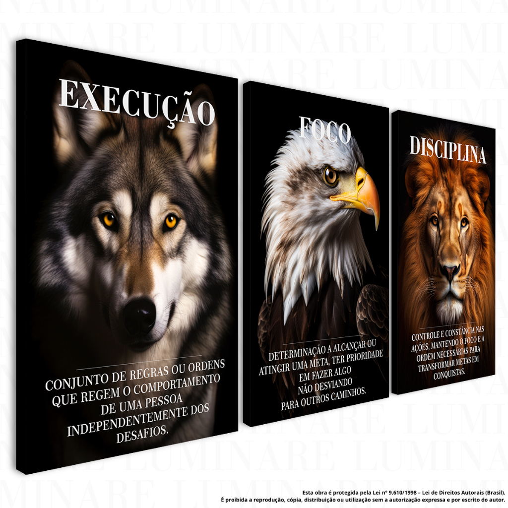 Kit 3 Quadros Decorativos em MDF com Impressão 8K – Lobo, Águia e Leão – Execução Foco Disciplina em Oferta na Shopee