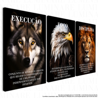 Kit 3 Quadros Decorativos em MDF com Impressão 8K – Lobo, Águia e Leão – Execução Foco Disciplina em Oferta na Shopee