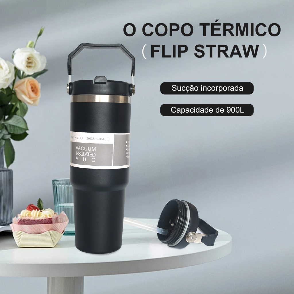 Garrafa Térmica 900ML Com Alça Flip Tumbl Aço Inoxidável Isolamento Térmico Com Canudo P/ Academia Trabalho Caminhada