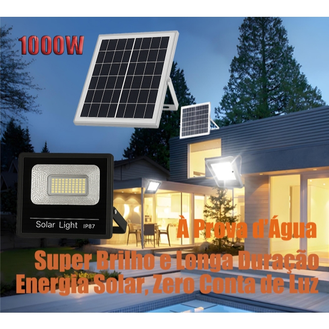 Holofote 1000W Refletor Com Iluminação Potente A Prova Dagua C/ Placa Solar e Controle Remoto