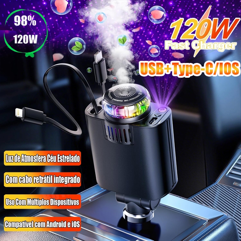 Carregador de Carro 120w 5 Em1 Carregador rápido Tipo C USB+cabo com LED Starry Sky e Aromatizador Carregador Veicular
