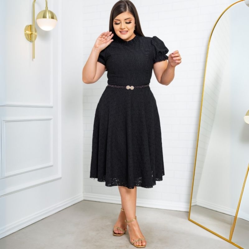 Vestido Feminino de Laise Manga Curta Cinto Perolas Elegante Casual