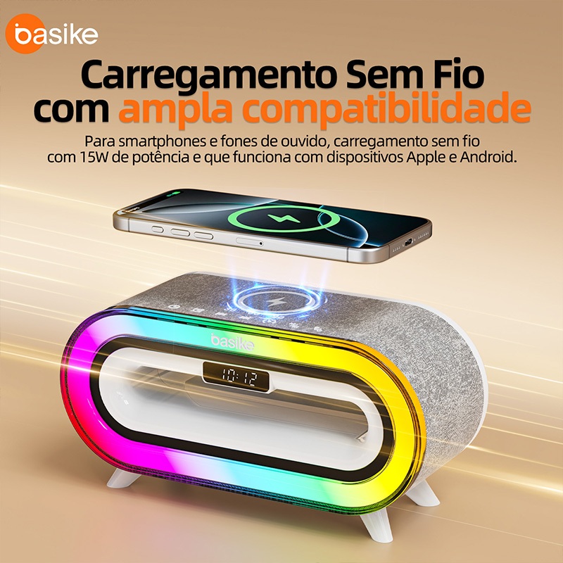 Detalhes do Basike Alto-Falante Bluetooth Multifuncional 4 in 1 | Carregamento Sem Fio + Luz Ambiente + Despertador + FM | rad211