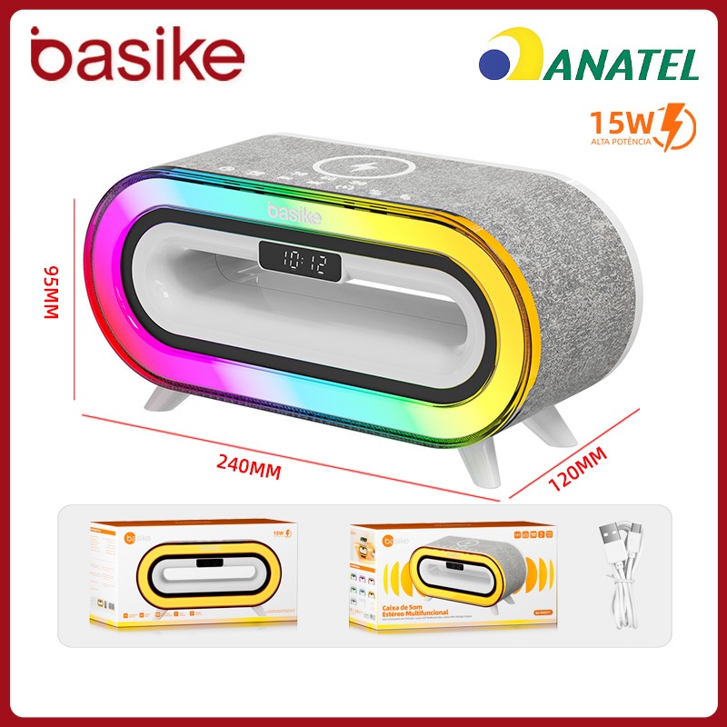 Basike Alto-Falante Bluetooth Multifuncional 4 in 1 | Carregamento Sem Fio + Luz Ambiente + Despertador + FM | rad211