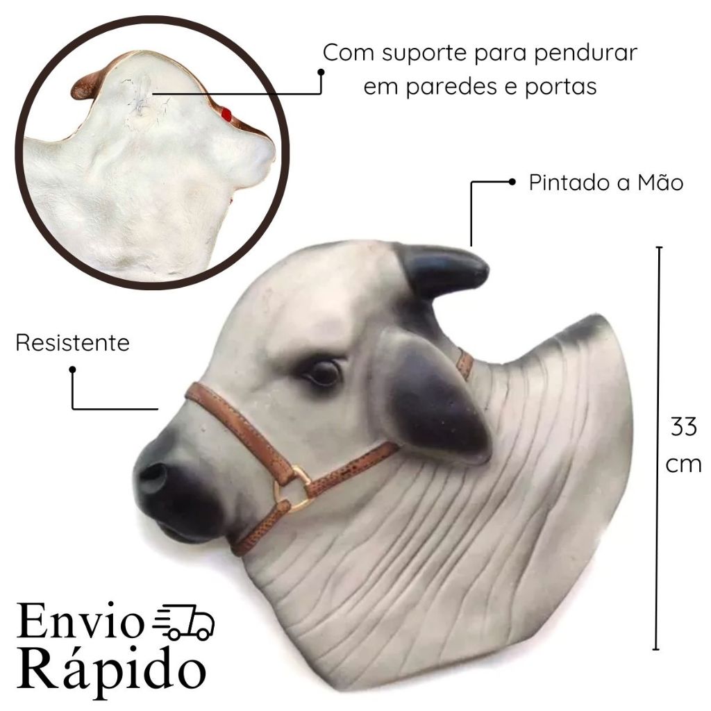 Cabeça de Boi Decorativa em Resina para Parede Estilo Rústico Chácara Fazenda Área Gourmet Fibra de Vidro