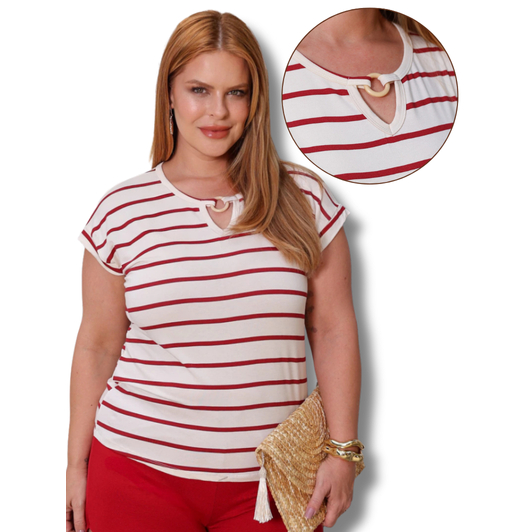 Blusa Feminina Plus Size Estampada Listrada Viscolycra Confortável Versátil Manga Curta