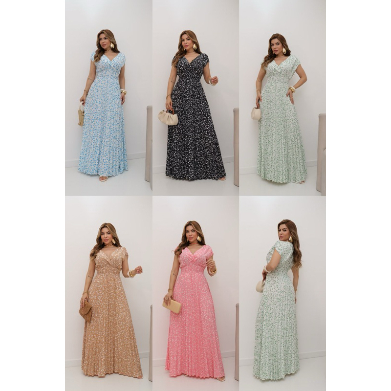 X-174-3 ✨ Vestido Longo Feminino Evangélico Floral Elegante Manga Curta – Look Casual ou Festa Moda Feminina Glória W&Y em Oferta na Shopee