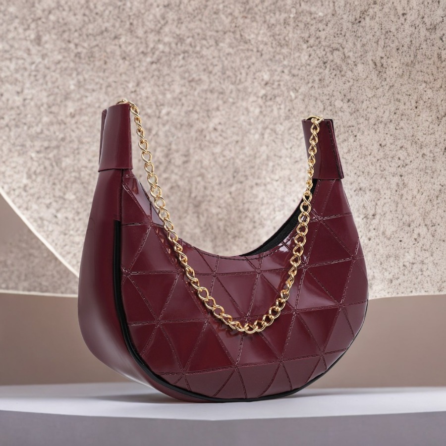 Bolsa Feminina de Ombro Vinho Elegante Alça Corrente Dourada Pequena Estilo Chic