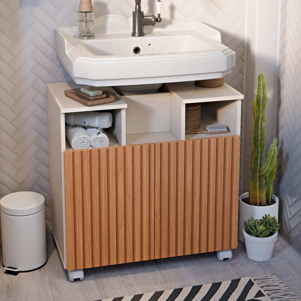 Armário De Banheiro Gabinete Para Pia Oasis Encaixe No Banheiro Com 2 Portas E Rodizíos