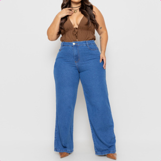 Calça Wide Leg Plus Size Jeans Feminina Levanta Bumbum cintura alta em Oferta na Shopee