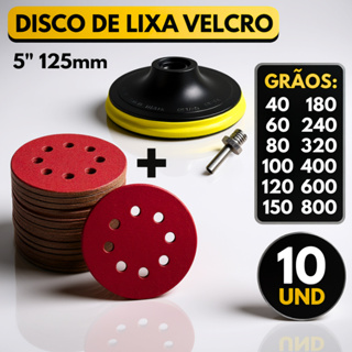 Kit Base Suporte Disco 125mm + 10 Lixas 8 Furos Com Velcro 5" Furadeira Esmerilhadeira