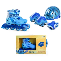 Patins Infantil 32-35 Stitch com Proteção Capacete, Cotoveleira e Joelheira Azul Disney