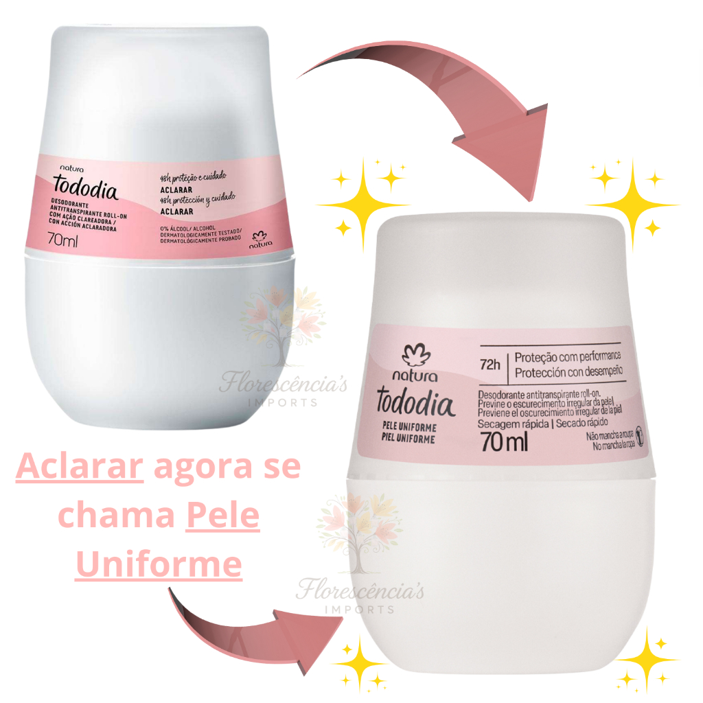 DESODORANTE ANTITRANSPIRANTE NATURA TODODIA ROLL-ON Pele Uniforme Clareador (ANTIGO ACLARAR) 70ml em Oferta na Shopee
