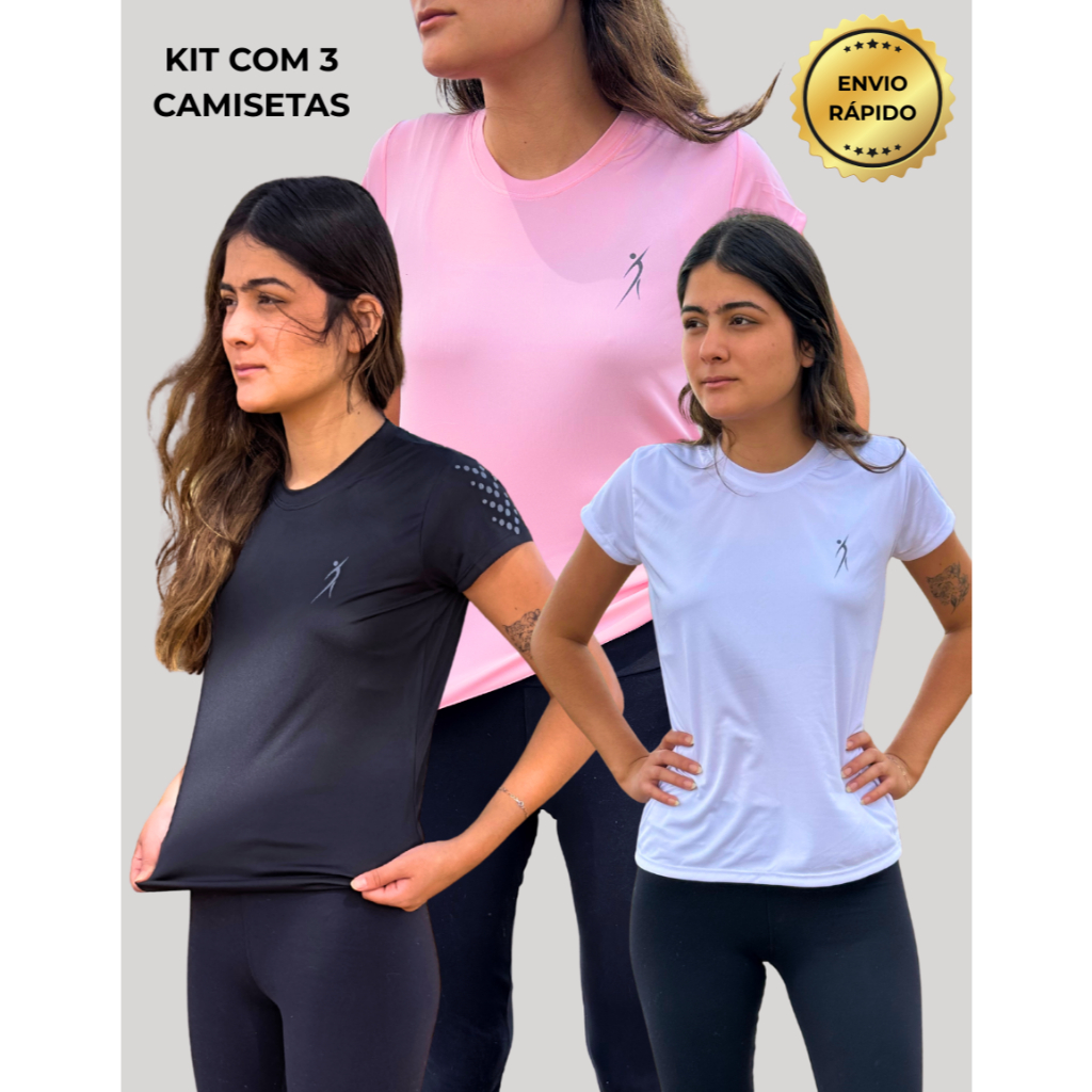 Kit Com 3 Camisetas Dry Fit Feminina Com Proteção Uv Para Academia Treino Corrida Tecido Premium
