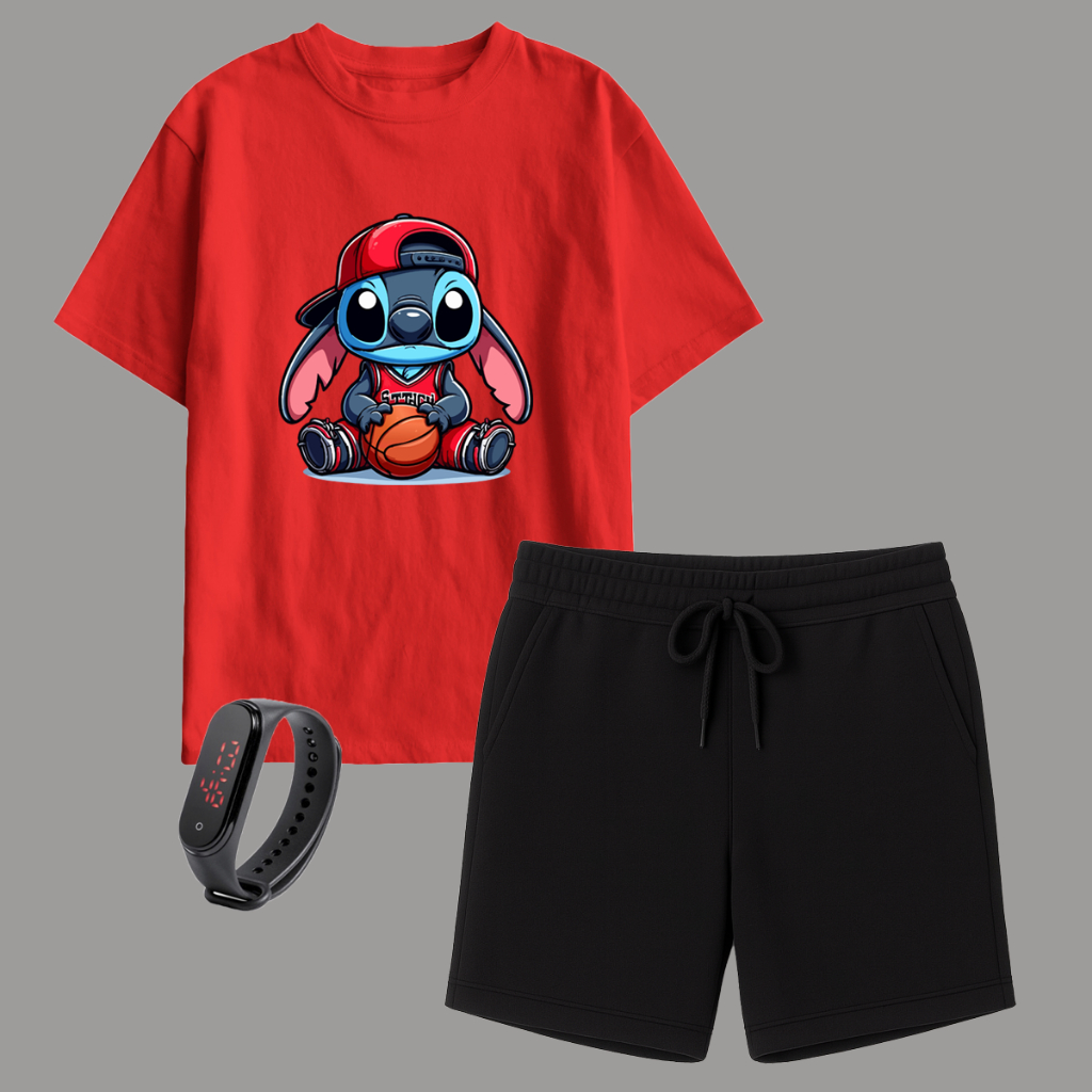 Kit Camiseta Stitch Basquete 100% Algodão e Short Infantil Moletinho Brinde Relógio
