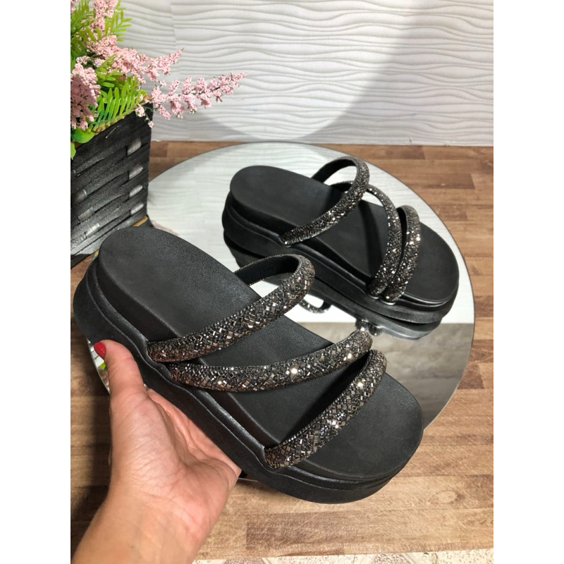 Papete Birken Plataforma Sandália Feminina Flatform 3 Tira Z Strass Luxo